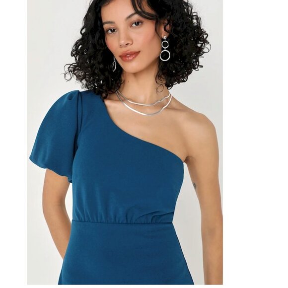 Lulu's Teal One-Shoulder Midi Dress - Picture 2 of 9